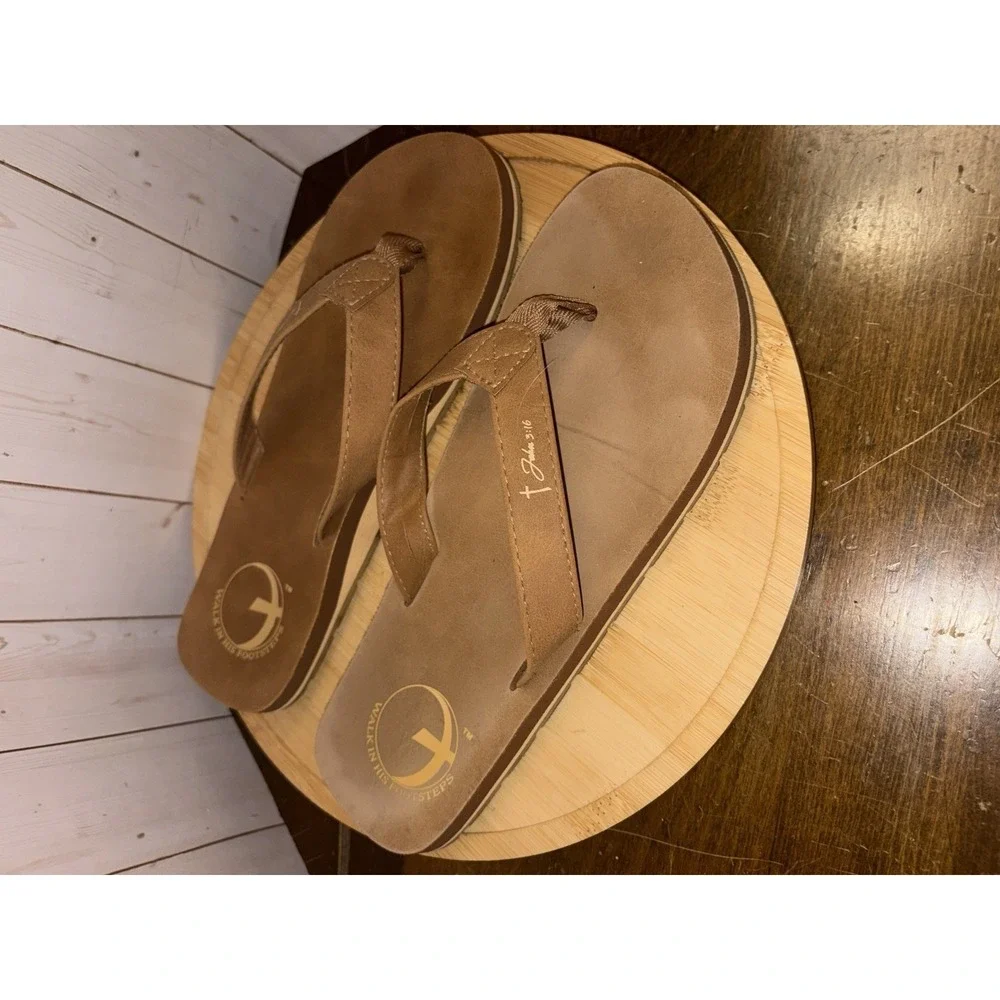 Walk In His Footsteps ‎ Sandals Cross Footprint John 3:16 Brown Size 8